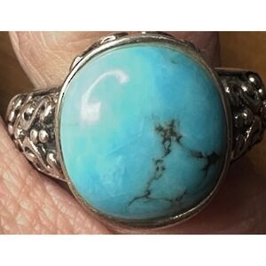 NK Thailand Sterling Silver Turquoise Ring w/ Fancy Designs Size 5